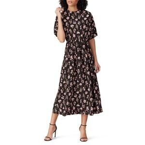 Les Reveries Black Floral Printed Short Sleeve A-Line Silk Midi Dress Size 4